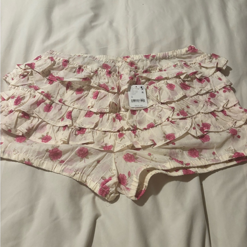 Free People Cream and Pink High Waist Ruffle Shorts